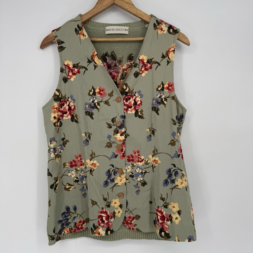 90s‎ Sage Green Knit Back Vest Women's Large Floral Marisa Christina Grandmacore
